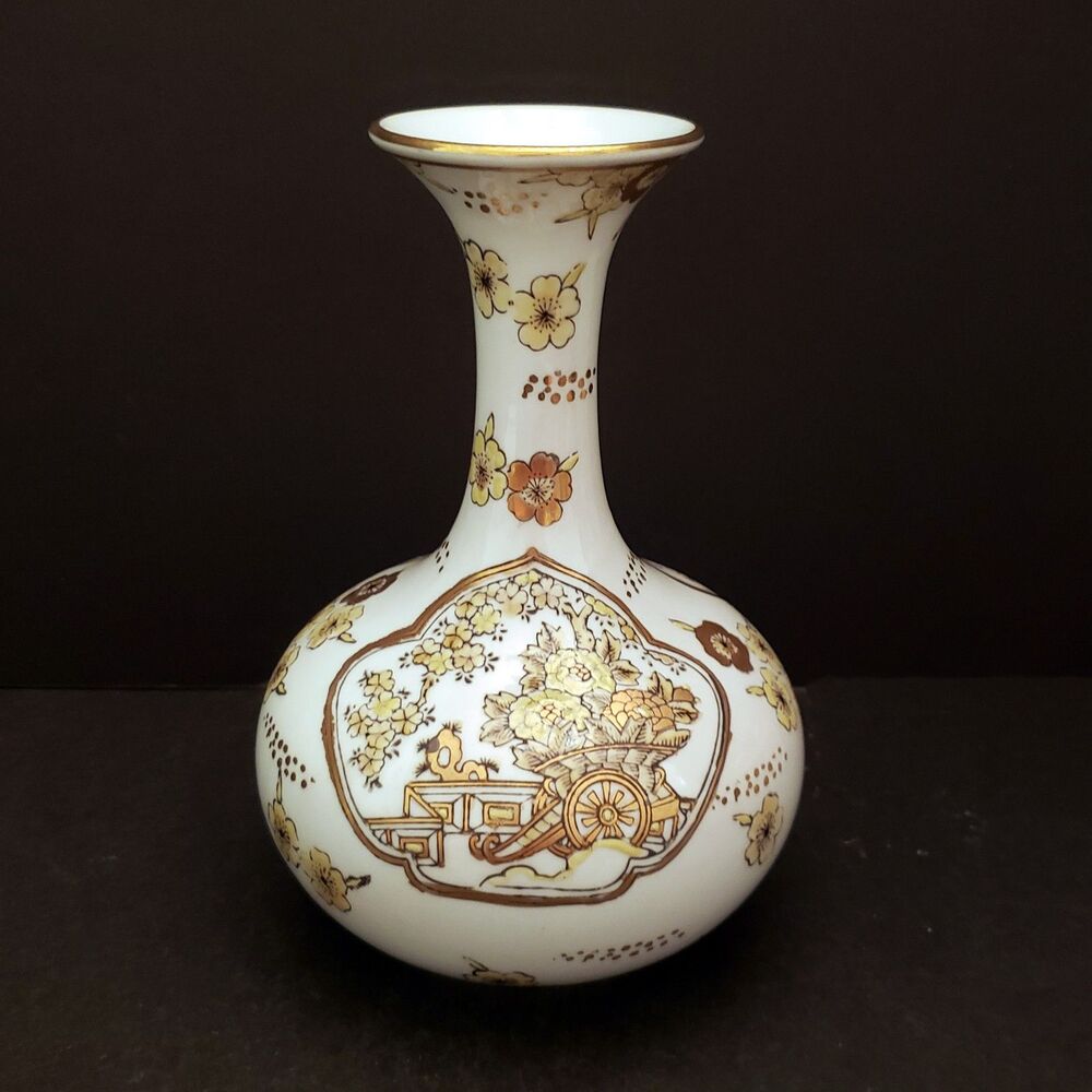 Gold Imari Hand Painted Porcelain Vase Yellow Brown Cherry Blossom Chinoiserie